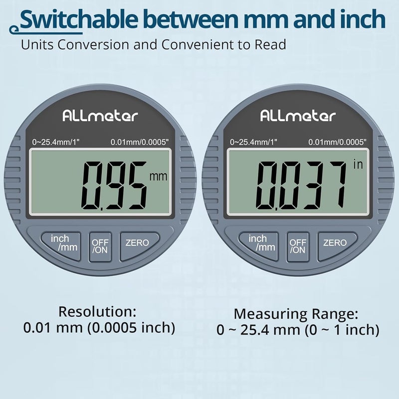 ALLmeter Store Digital Dial Indicator with Large LCD Display,0-1" (0-25.4mm) Range, 0.0005" (0.01mm) Resolution,Switchable mm/inch,Precision DTI Gauge for Industrial,Mechanical,and 3D Printer Use - Image 5